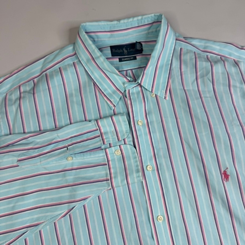 Polo Ralph‎ Lauren Button Down Shirt Mens 2XB Light Blue Pink Striped Pony